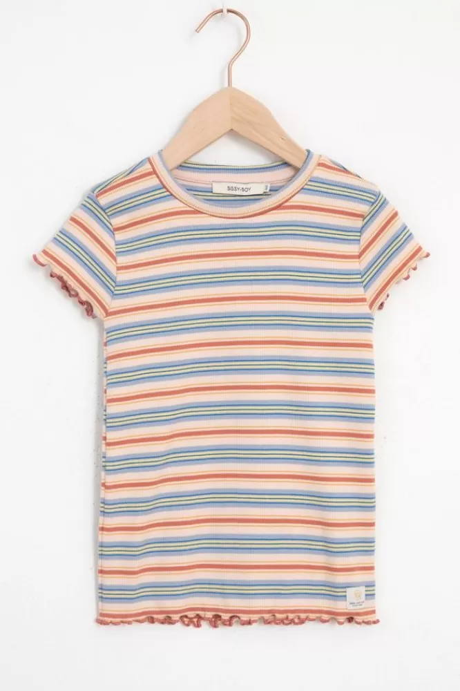 Kids * T-Shirts En Tops-Blauw Gestreept T-Shirt Met Ruffles