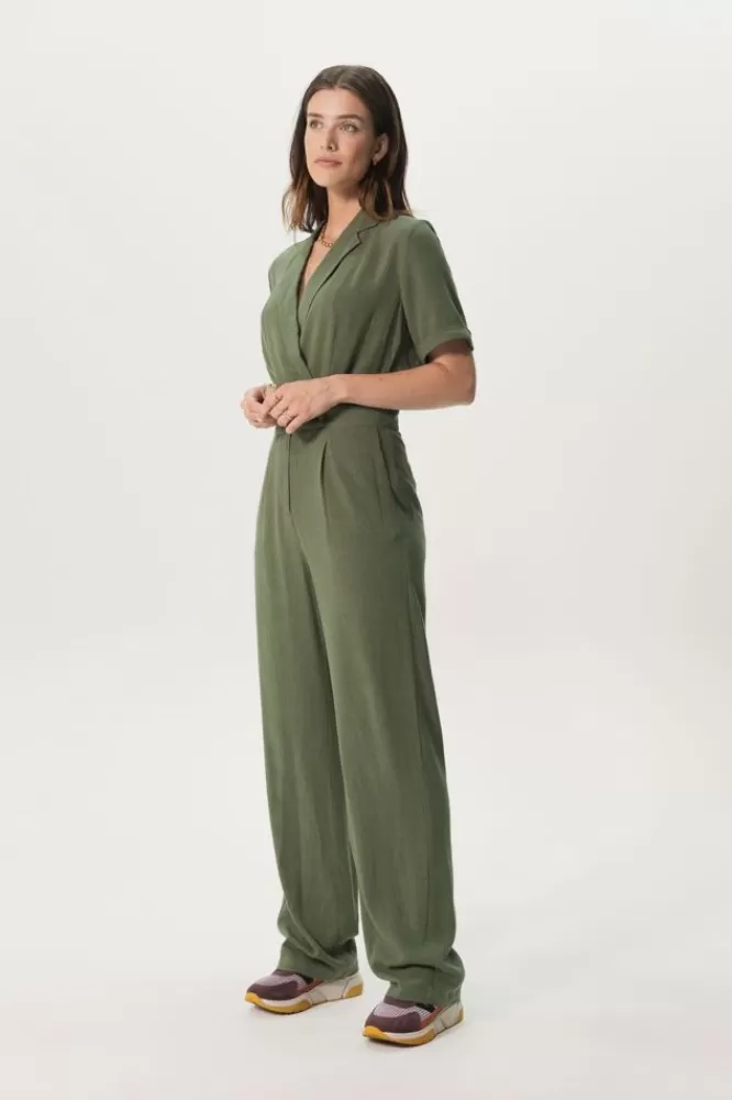 Dames Jumpsuits-DonkerELinnenStraightLegJumpsuit