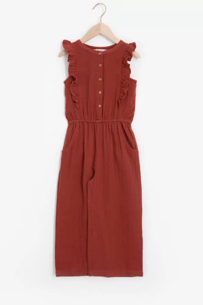 Kids * Jumpsuits-Donkerbruine Mousseline Jumpsuit Met Ruffles