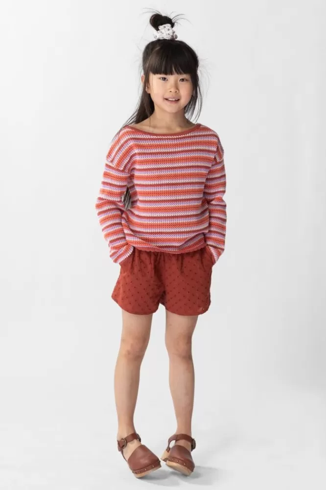 Kids * Broeken-Donkerbruine Short Met Broderie Anglaise