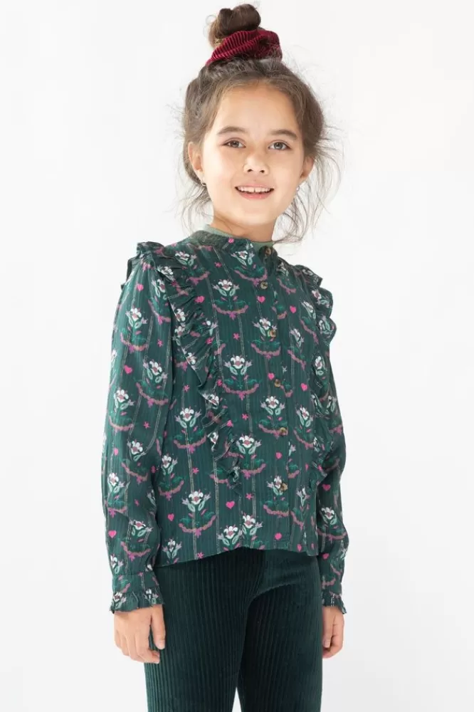 Kids * Blouses-Donkergroene Blouse Met Bloemenprint