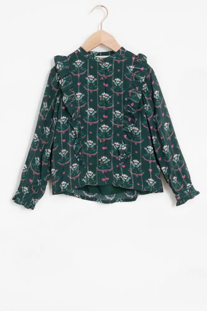 Kids * Blouses-Donkergroene Blouse Met Bloemenprint