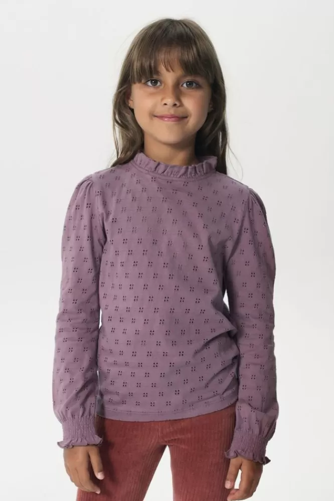 Kids * T-Shirts En Tops-Donkerpaars Ajour Longsleeve T-Shirt Met Ruffles