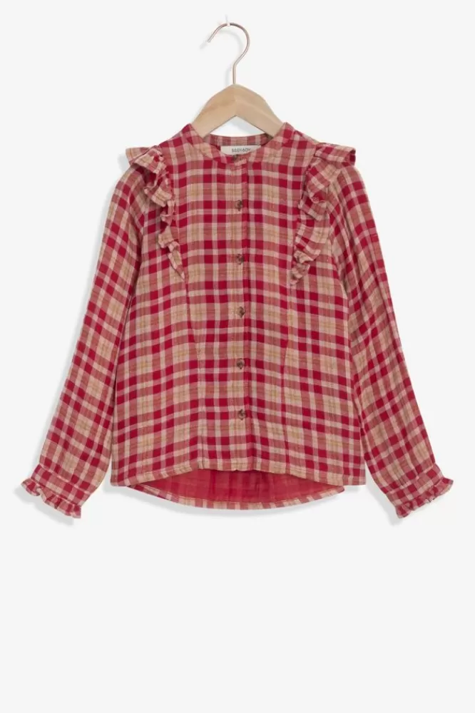 Kids * Blouses-Donkerrode Geruite Blouse Met Ruffles