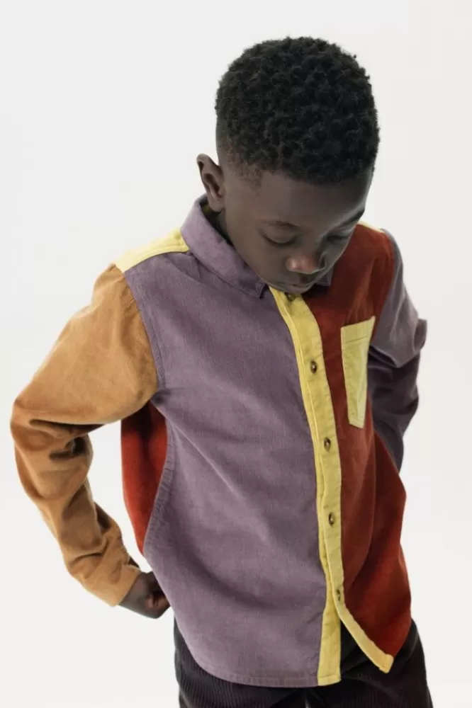 Kids * Overhemden-Donkerrood Ribcord Colourblock Overhemd