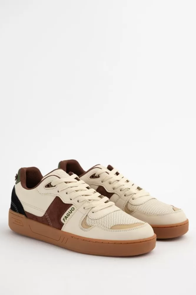 Heren Faguo Schoenen- Beige Sneakers Met Bruine Details