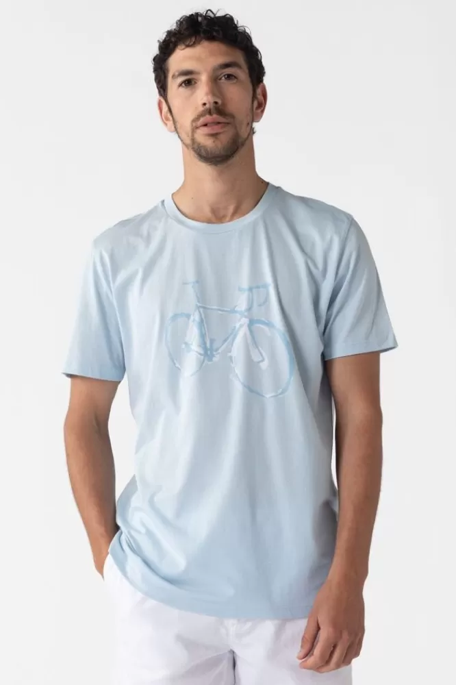 Heren * T-Shirts-Lichtblauw Katoenen T-Shirt Met Fiets