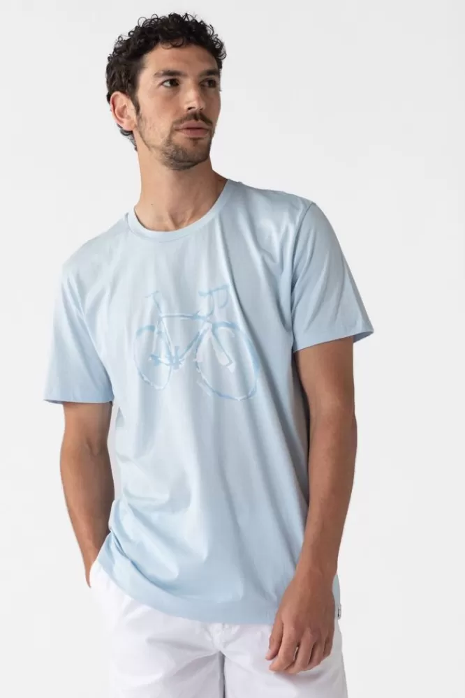 Heren * T-Shirts-Lichtblauw Katoenen T-Shirt Met Fiets