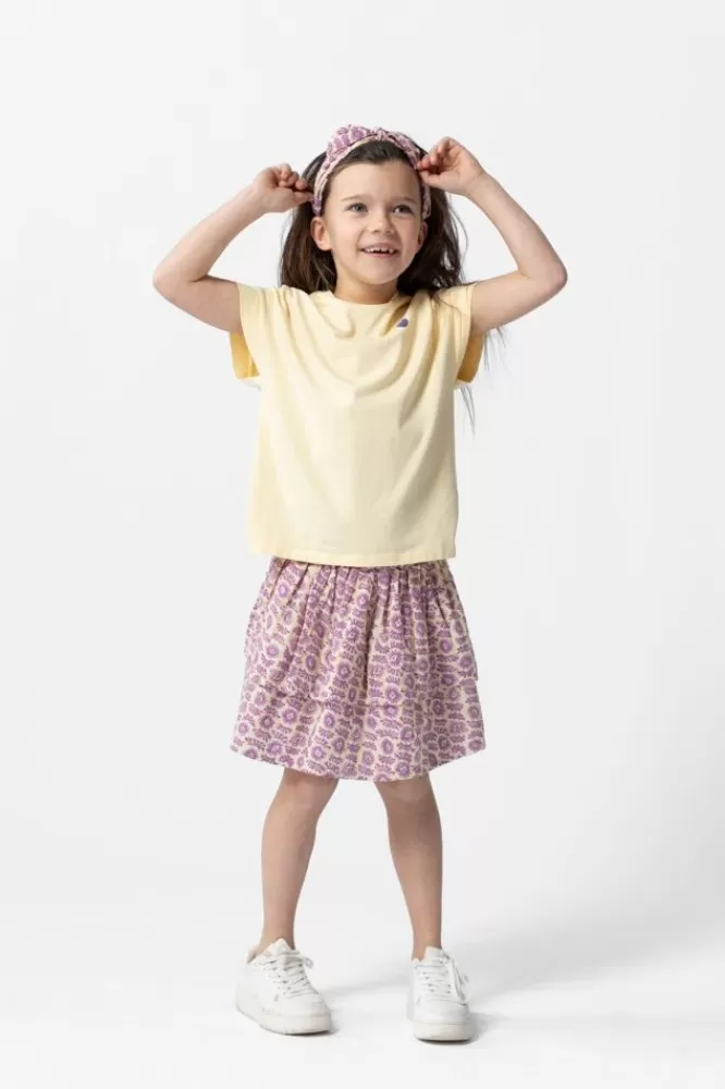 Kids * Rokken-Lichtgele Ruffle Rok Met Paarse Print