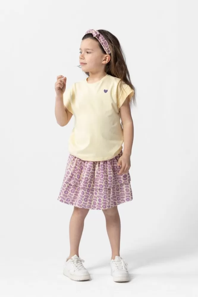 Kids * Rokken-Lichtgele Ruffle Rok Met Paarse Print