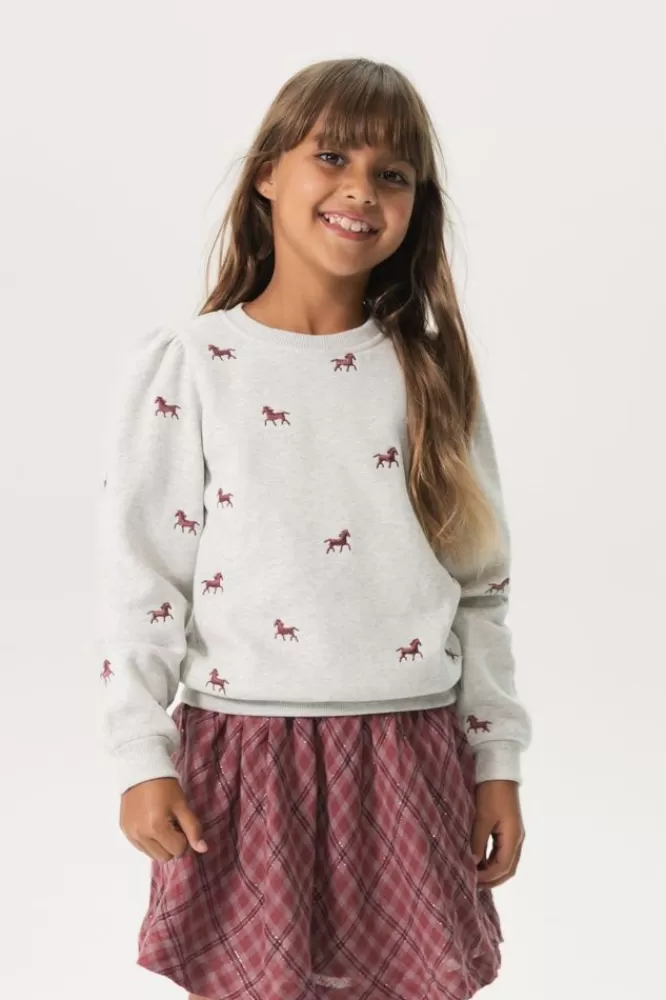 Kids * Truien En Vesten-Lichtgrijze Sweater Met Geborduurde Paardenprint