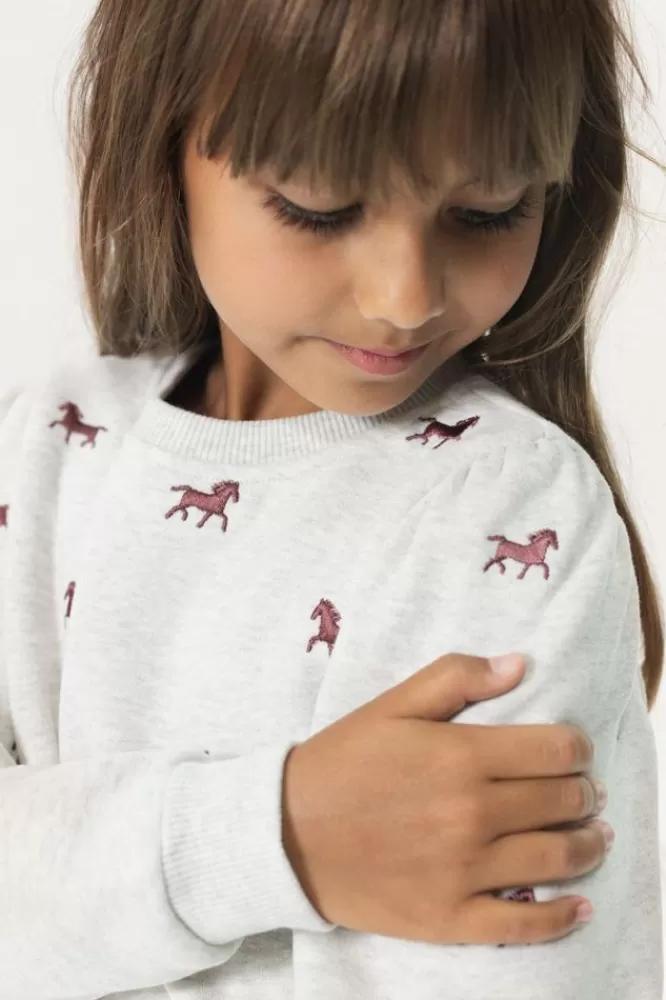 Kids * Truien En Vesten-Lichtgrijze Sweater Met Geborduurde Paardenprint