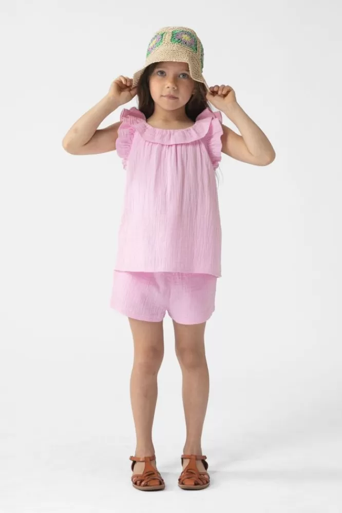 Kids * T-Shirts En Tops-Lichtroze Mousseline Top Met Ruffles