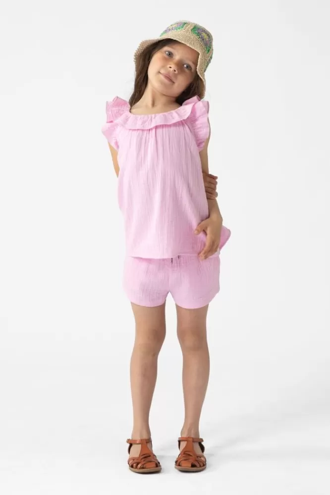 Kids * T-Shirts En Tops-Lichtroze Mousseline Top Met Ruffles