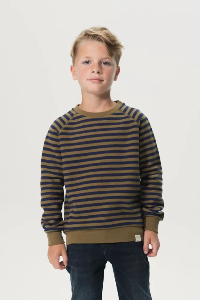 Kids * Truien En Vesten-Mosterd Groene Raglan Sweater Met Donkerblauwe Strepen